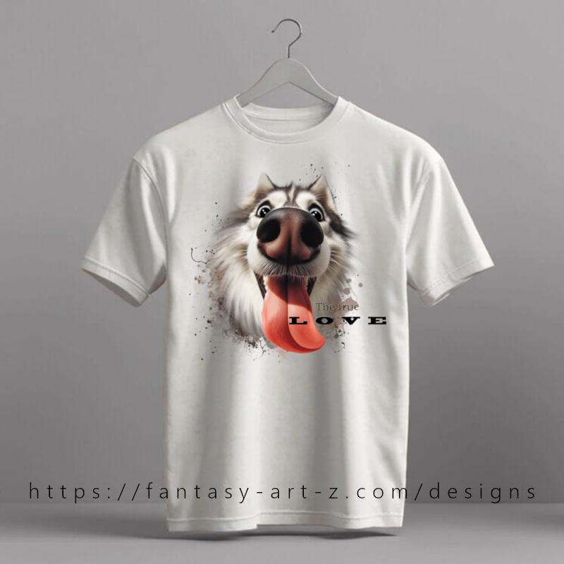 Close-up of happy husky dog face with tongue out and text 'The true LOVE' - dog lover t-shirt design