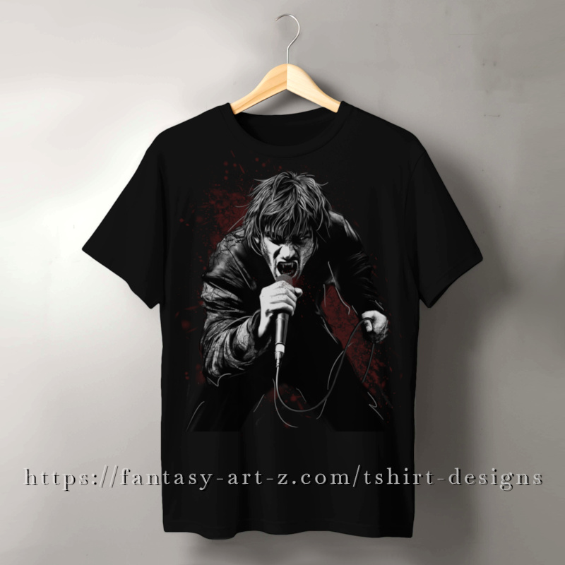 T-shirt design featuring a dark gothic vampire rock singer screaming into a microphone, black and white horror fantasy illustration with red blood splatter background
