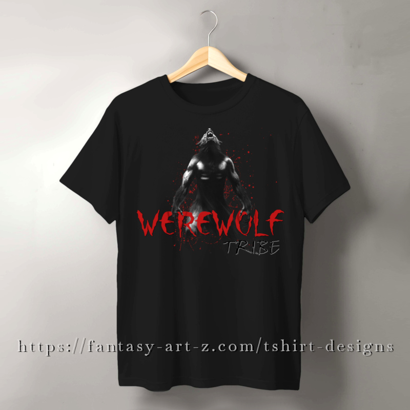Werewolf tribe t-shirt design with transparent background for custom apparel printing. High-contrast howling wolf graphic with red splatter accents.
