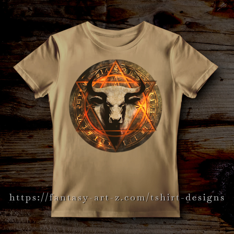 T-shirt desisgn featuring a white bull head centered in a glowing occult sigil circle with runes and a hexagram, dark fantasy pagan mythology illustration in fiery orange and gold tones