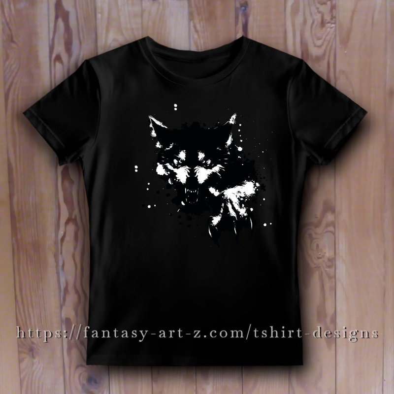 High-contrast white and black ink illustration of a snarling wolf head and claw with paint splatter effects on a black t-shirt.
