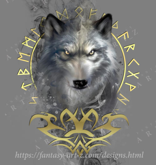 t-shirt design with a wolf, tribal tattoo, smoke, vegvisir, pagan symbol, werewolf