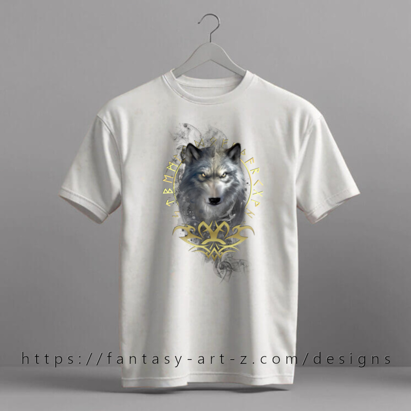 Mystical wolf head with golden eyes surrounded by Nordic runes and ornate golden tribal design - t-shirt design