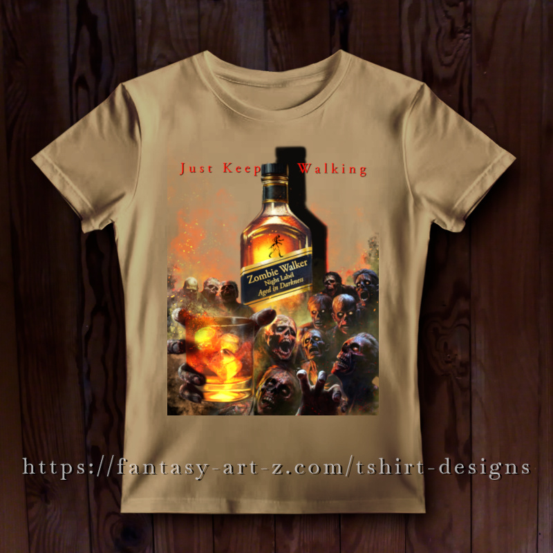T-shirt design featuring the Zombie Walker whiskey parody fun art with a horde of undead zombies and text: Just Keep Walking