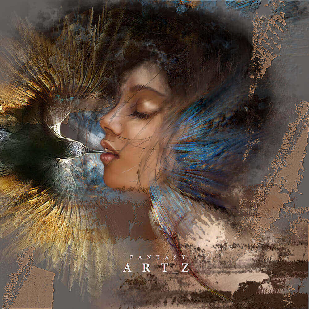 Surreal digital art of serene woman's face with closed eyes surrounded by golden and blue feathers and textured elements