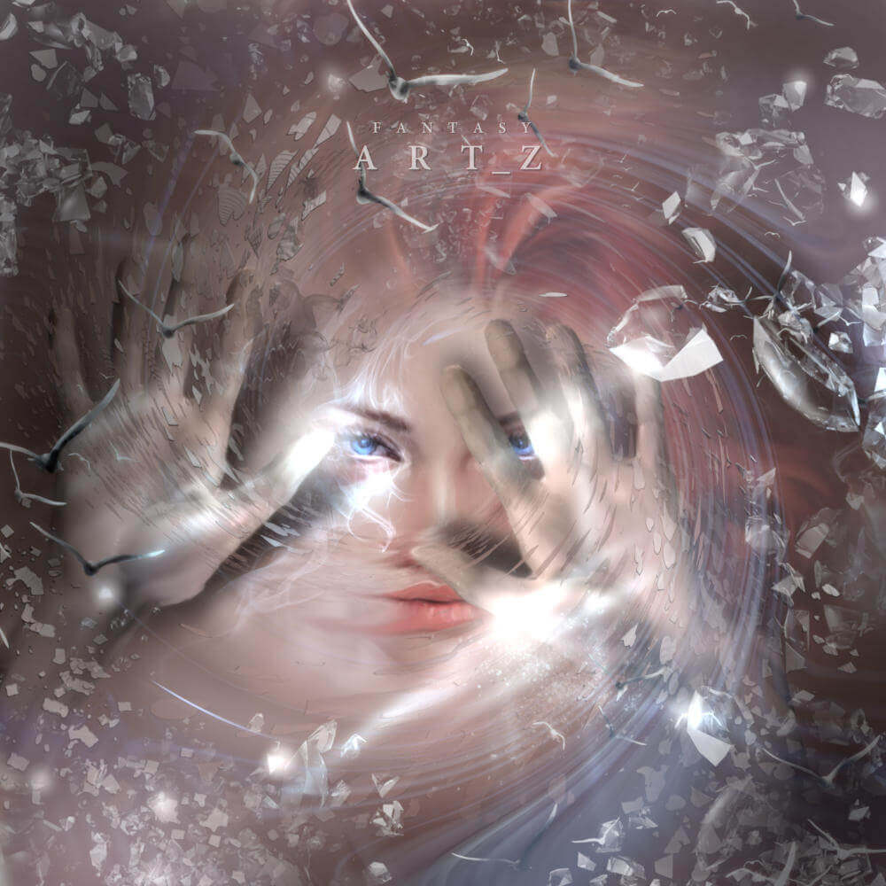 Surreal abstract portrait woman fragmented glass shards swirling motion blue eyes fantasy digital art