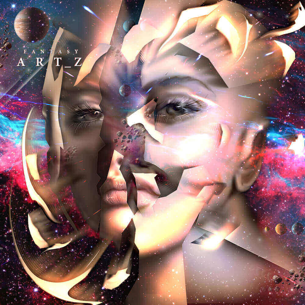 Surreal digital art of fragmented woman's face with flowing ribbons in cosmic space with nebula and stars