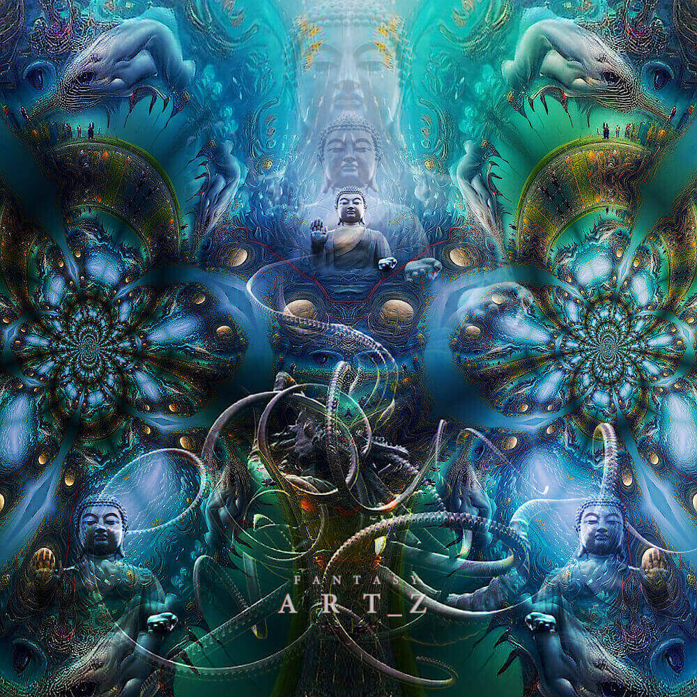 Surreal digital art featuring Buddha meditation underwater with octopus tentacles, fractal patterns, and mystical blue-green tones