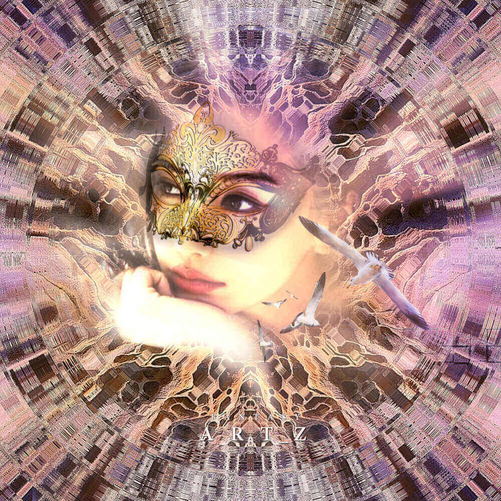 Surreal digital art of woman in ornate golden masquerade mask with birds and kaleidoscopic cityscape background