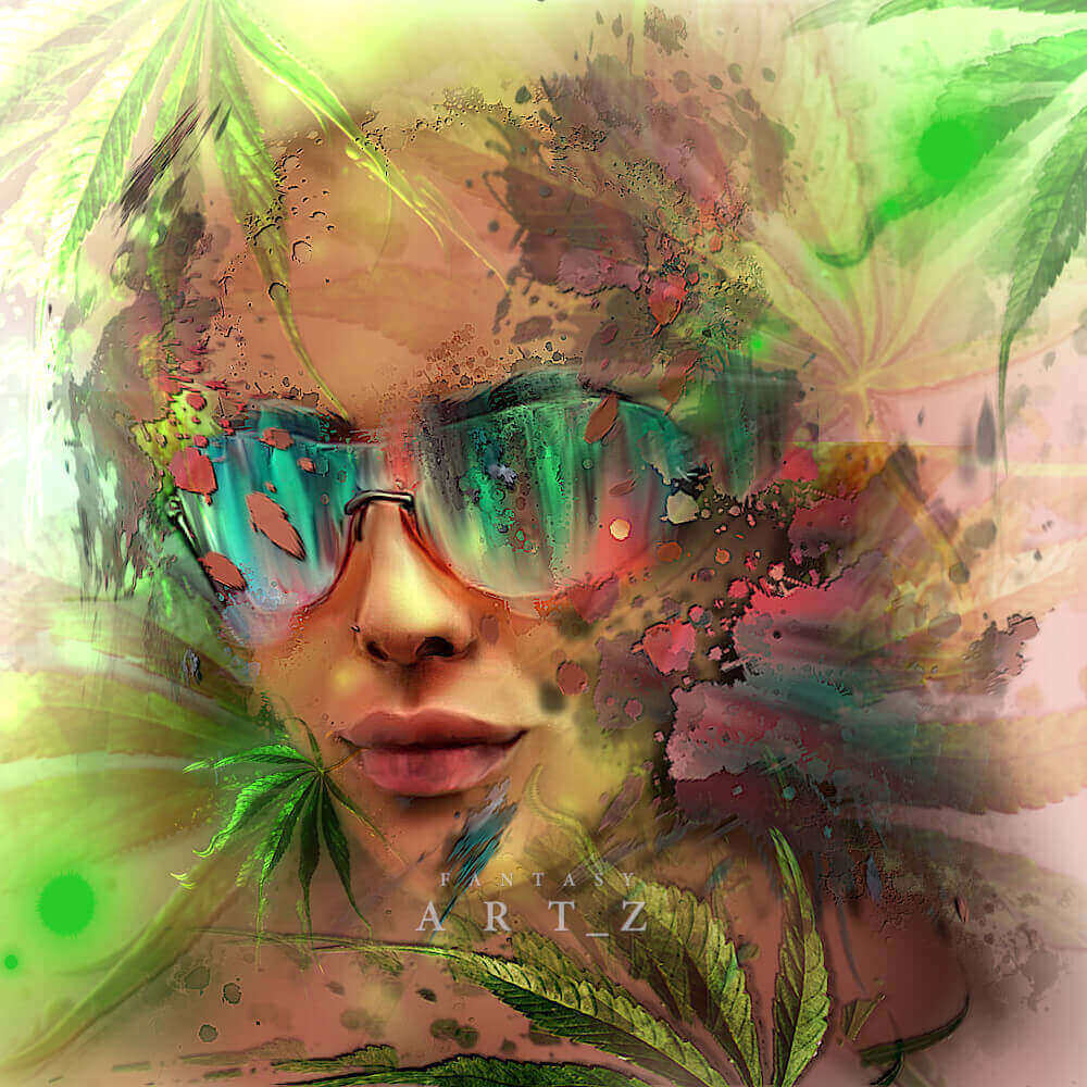 Surreal digital art of woman's face with green sunglasses, cannabis leaves, and colorful paint splatter effects