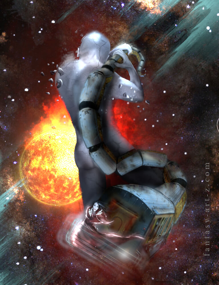 Surreal art of human figure in cosmic space with bright sun and nebula background, holding train