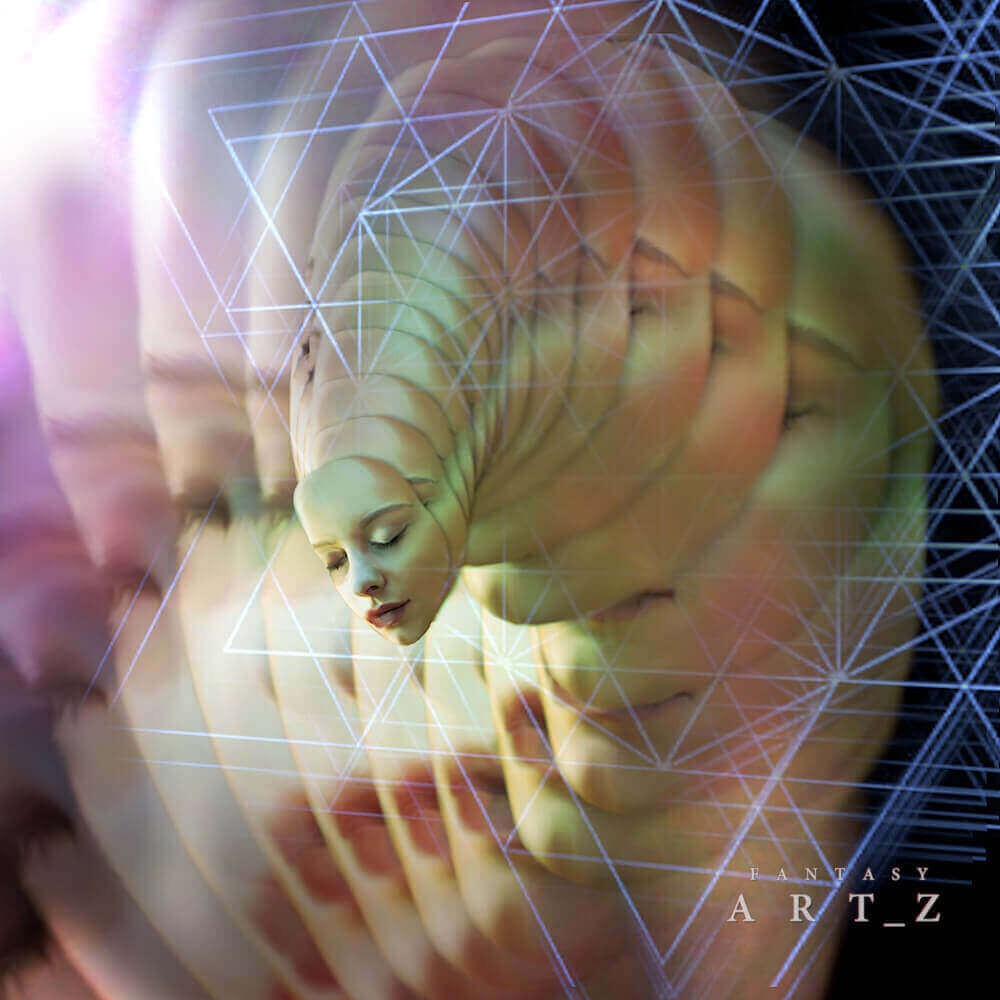 Surreal digital art of ethereal woman with geometric wireframe overlay and soft rainbow light effects