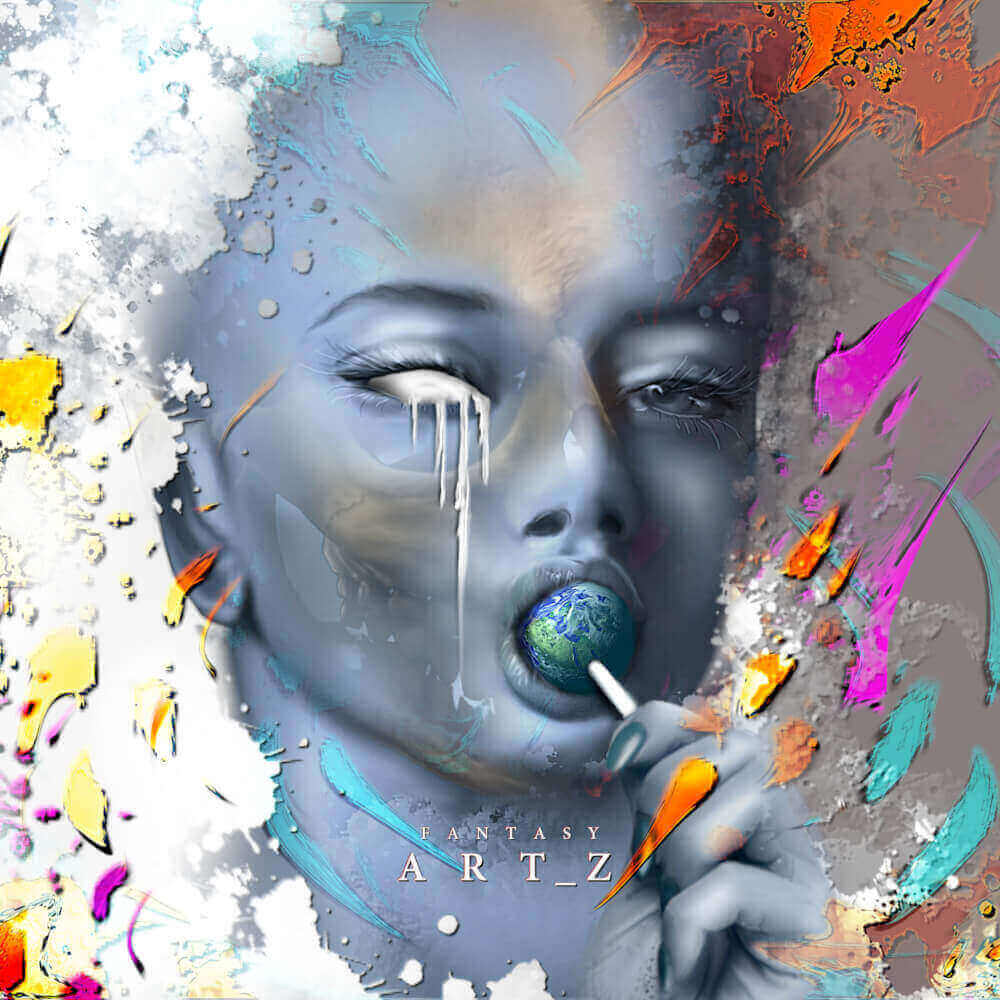 Surreal digital art of woman's face with tears, holding Earth like lollipop, surrounded by colorful paint splatters