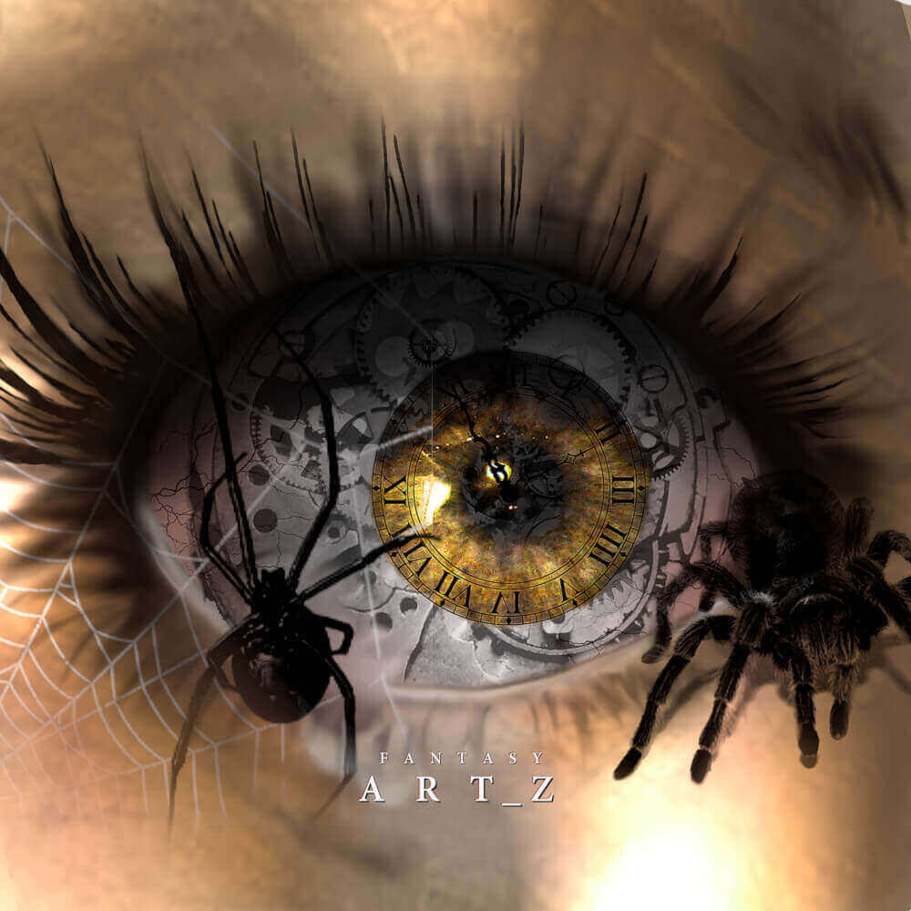 Surreal digital art of human eye with clock face iris, mechanical gears, spiders and web elements