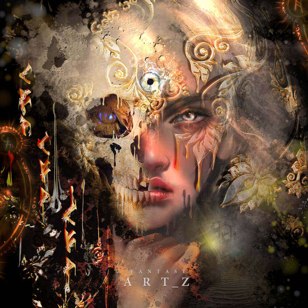 Surreal digital art featuring woman's face with ornate golden runes, skull elements, and mystical eye