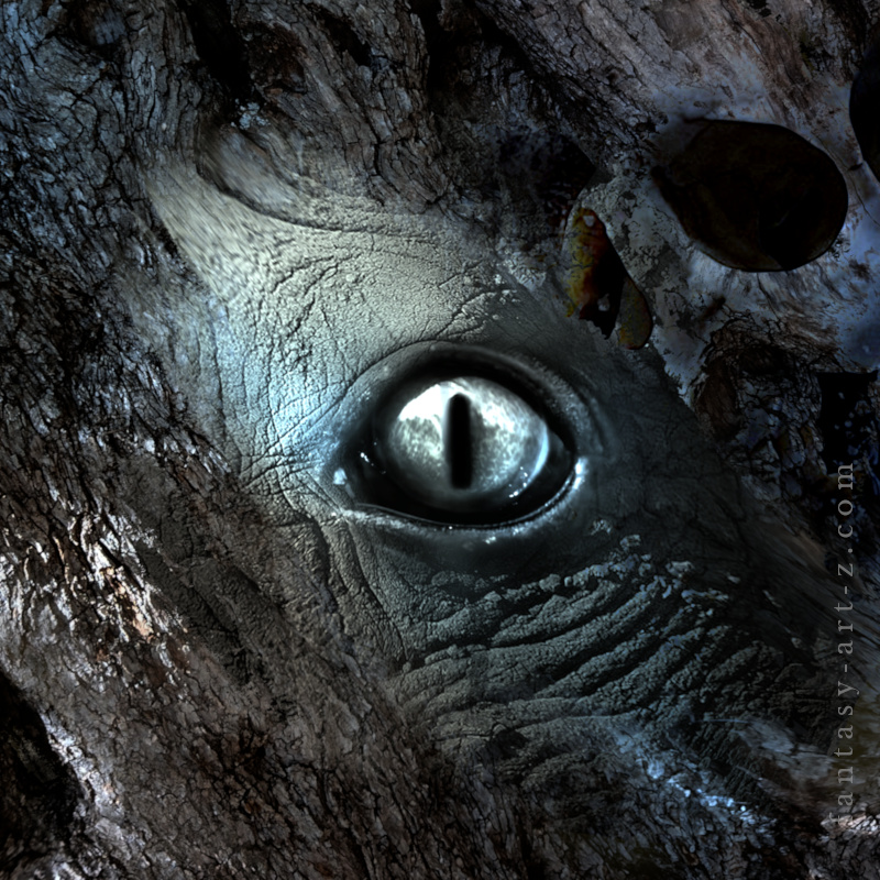 Surreal digital art of reptilian eye with slit pupil embedded in textured stone or bark surface