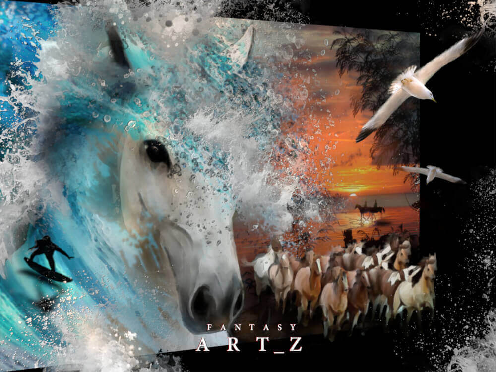 Surreal digital art featuring a white horse's head emerging from swirling turquoise and orange paint splatters, with flying seagulls and a herd of horses silhouetted against a sunset sky