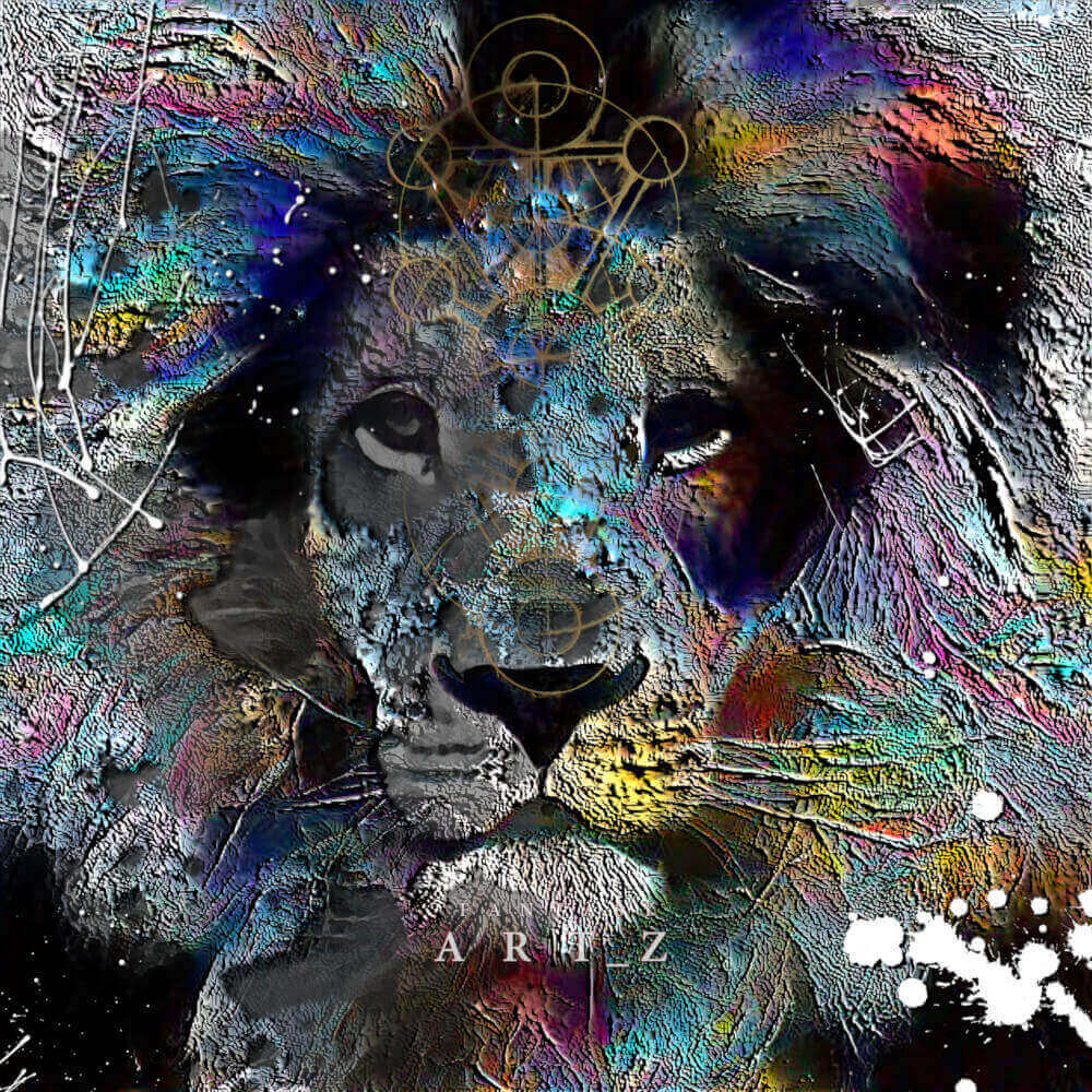 Abstract surreal digital art of lion's face with sacred geometry symbols, surrounded by chaotic colorful textures and cosmic elements