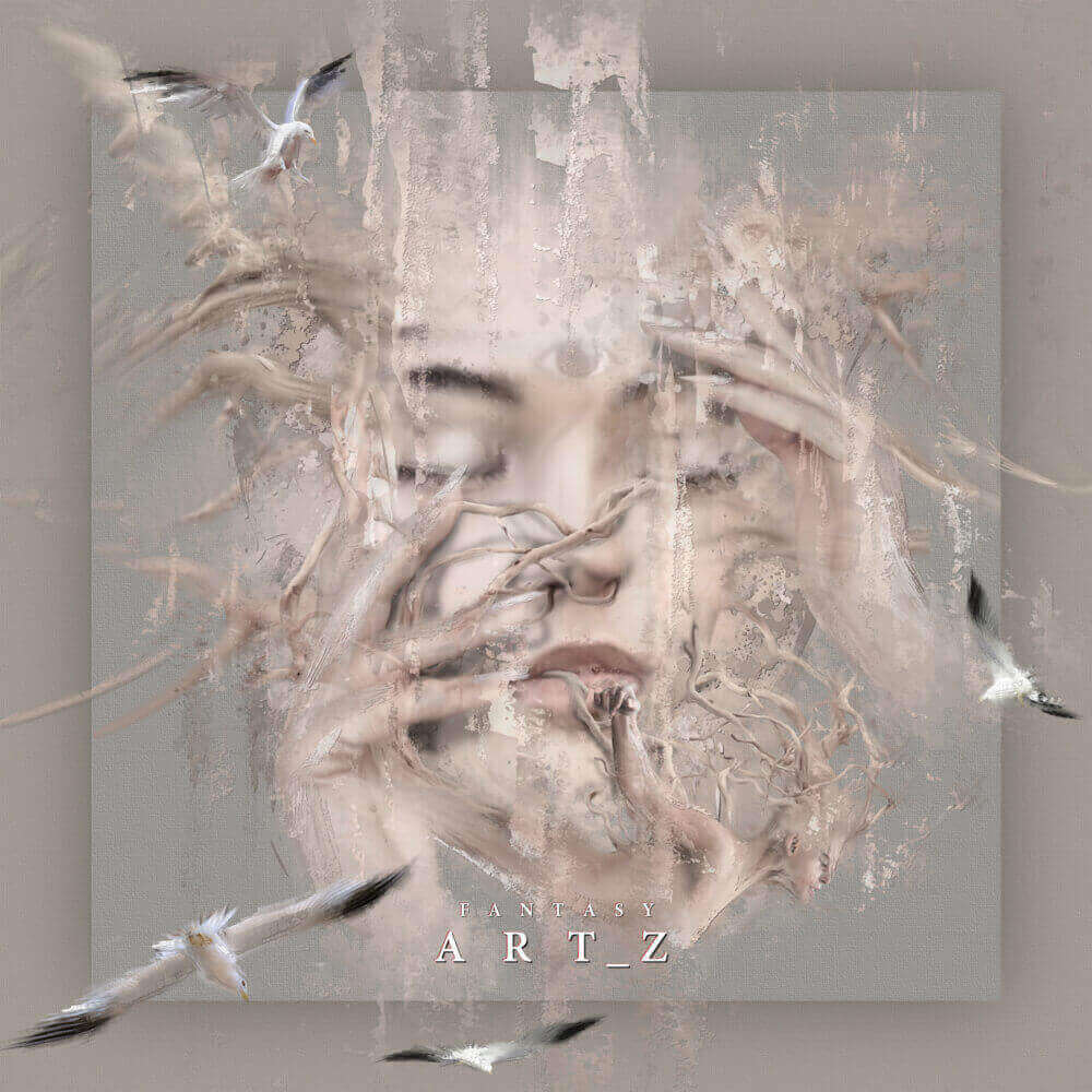 Abstract surreal digital art of ethereal human figures dissolving into flowing forms with white birds in soft beige and cream tones