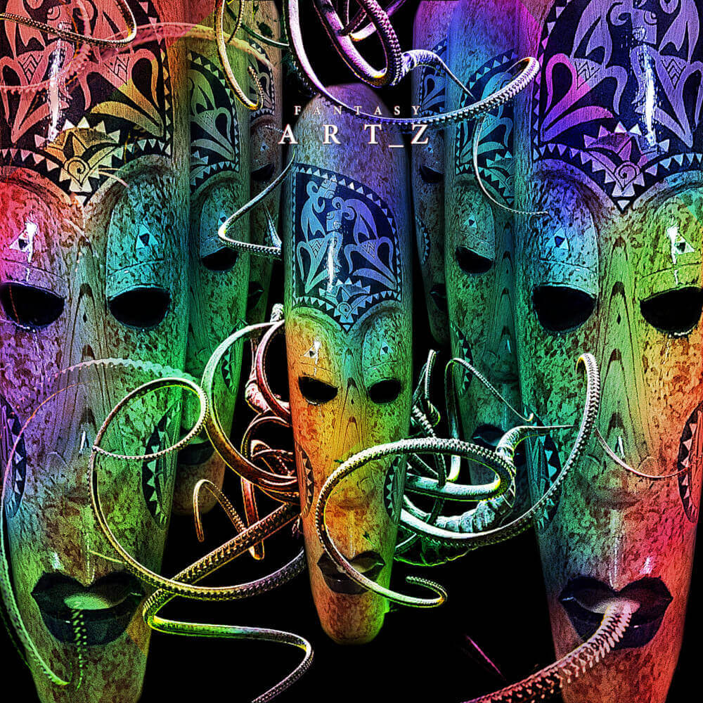 Surreal digital art of colorful tribal masks with snake tentacles weaving between them in vibrant green, purple, and rainbow colors