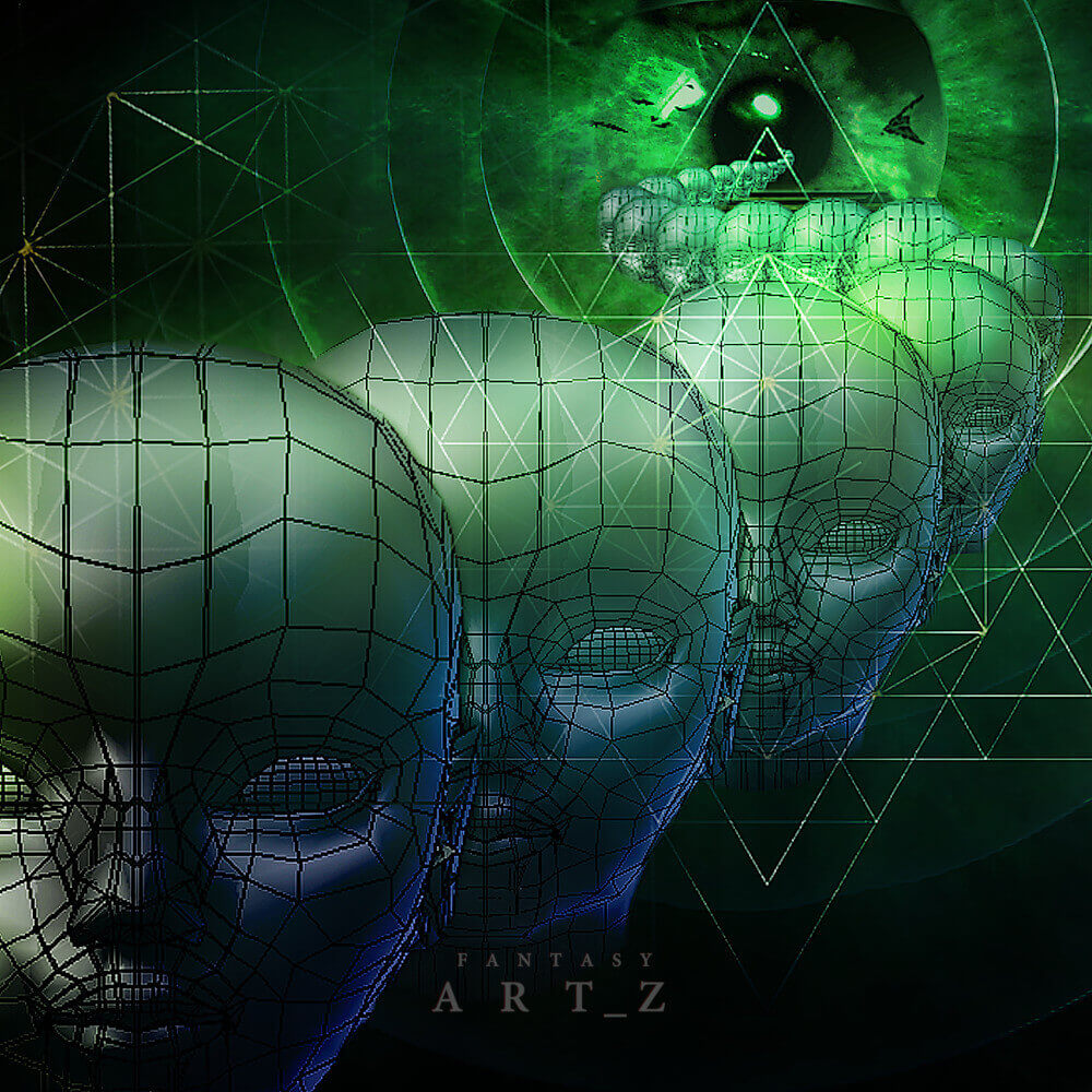 Surreal digital art of wireframe human skull with geometric grid patterns, illuminated triangle eye, and green mystical lighting effects