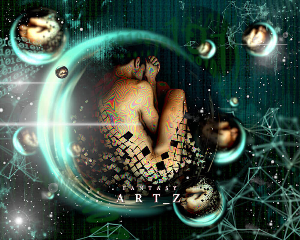 Surreal digital art of nude figure with colorful body patterns dissolving into pixels, surrounded by floating spheres and cosmic data streams