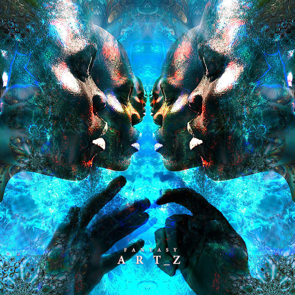 Abstract surreal digital art featuring symmetrical kaleidoscope pattern with silhouetted hands reaching toward center, surrounded by vibrant blue water textures and colorful paint splatter effects