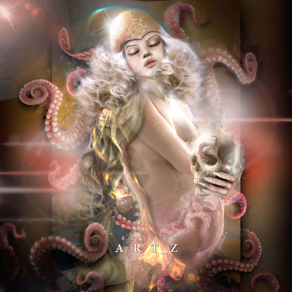 Surreal digital art featuring a blonde woman with closed eyes surrounded by swirling octopus tentacles