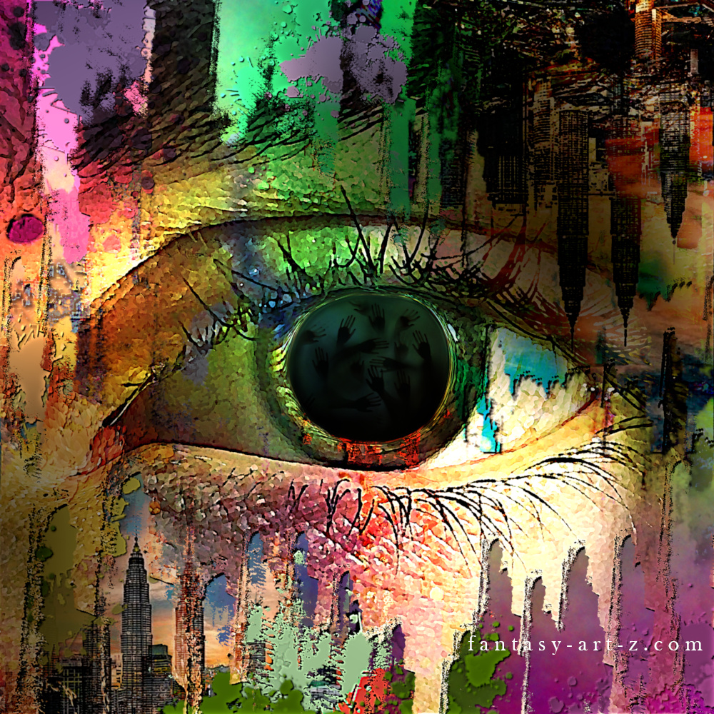 Abstract grunge art featuring large eye with eyelashes amid vibrant paint splatters, urban textures, and city skyline elements in green, purple, and orange