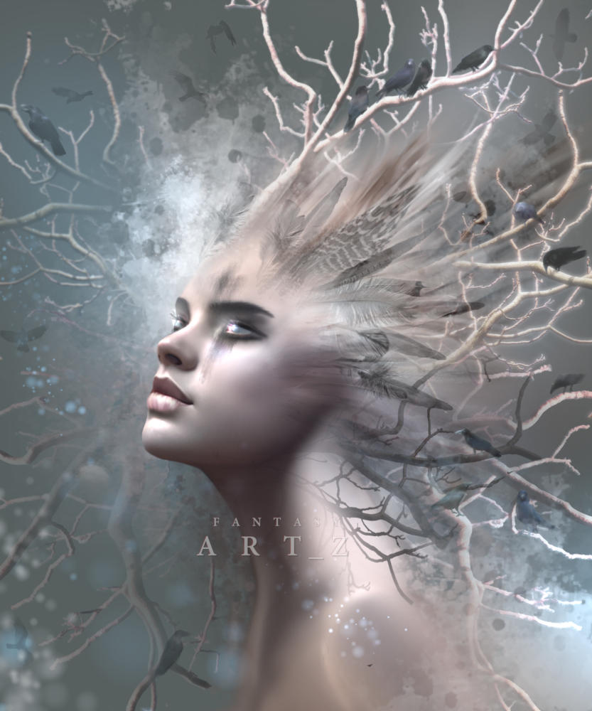 Ethereal surreal art featuring woman in profile with flowing hair transforming into bare tree branches against misty gray background