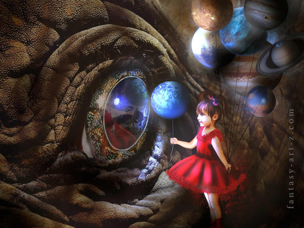 Surreal digital art of a young girl in a red dress holding a cluster of planet balloons, standing before the massive, textured eye of a primordial creature.