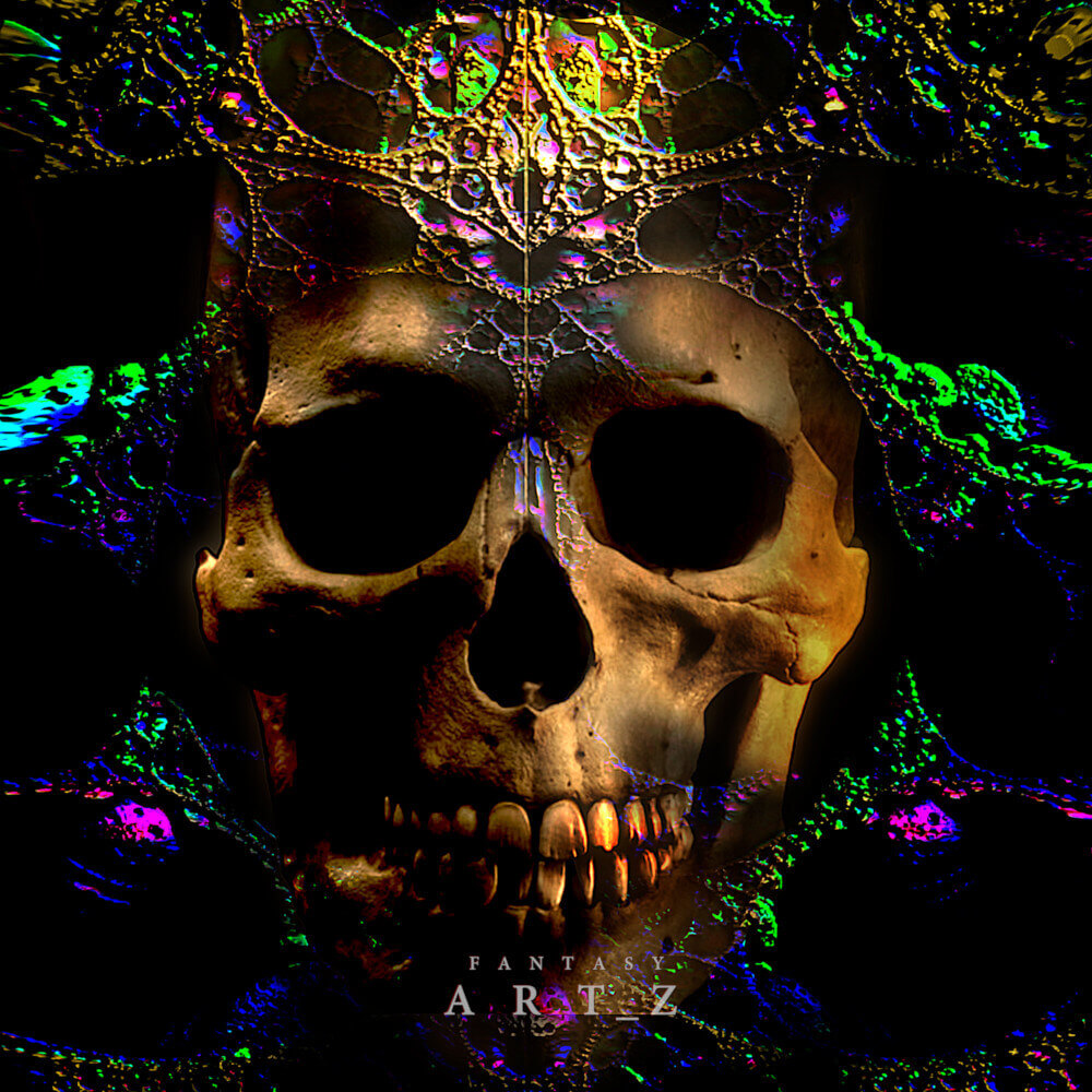 Psychedelic skull art with ornate golden crown and vibrant neon green, purple, and blue fractal patterns on black background