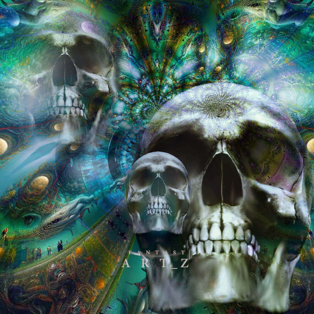Psychedelic surreal art featuring multiple skulls surrounded by swirling green and blue cosmic patterns with iridescent bubble effects
