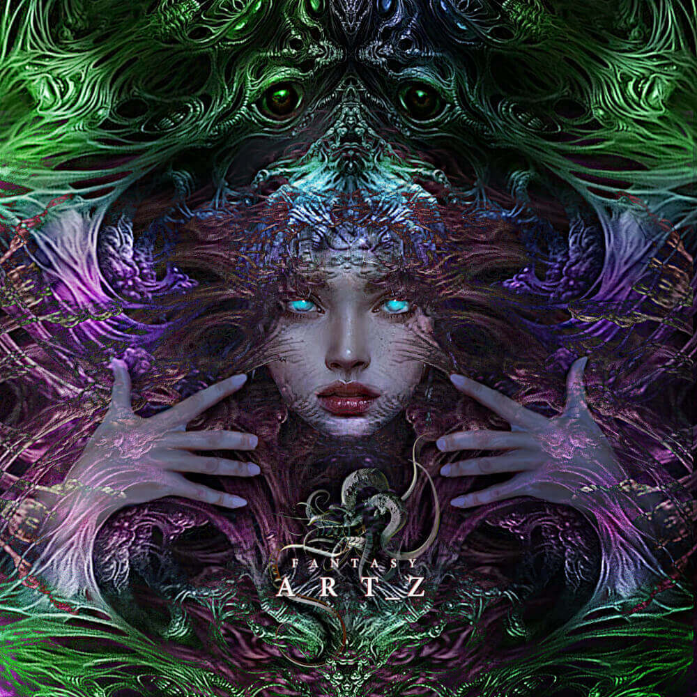 Mystical fantasy art featuring ethereal woman with glowing blue eyes surrounded by intricate purple and green organic patterns and tentacle-like forms