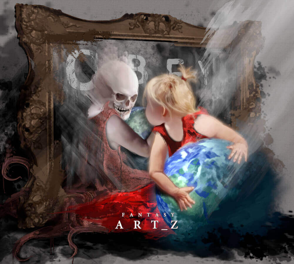 Dark fantasy digital art featuring skeletal figure and blonde girl holding glowing Earth sphere in ornate mirror frame with mystical smoke effects
