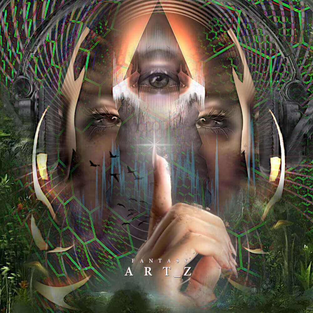 Surreal digital art of a woman with third eye surrounded by geometric patterns, antlers, and mystical symbols in a forest setting