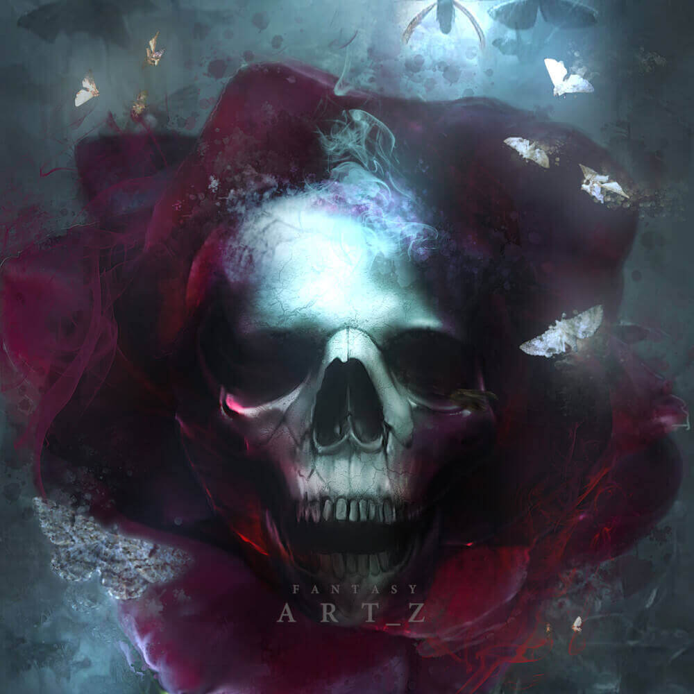 Dark fantasy digital art featuring a glowing skull surrounded by red roses and floating butterflies in moody atmospheric lighting