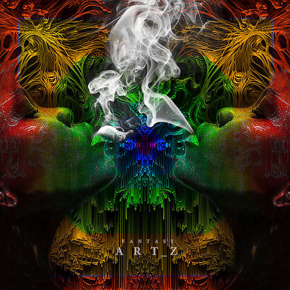 Psychedelic digital art with white smoke spirits emerging from green mystical portal surrounded by colorful fractal patterns