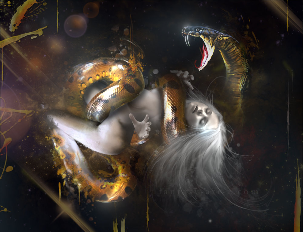 Surreal digital art of woman with flowing white hair entwined with golden serpent against dark cosmic background