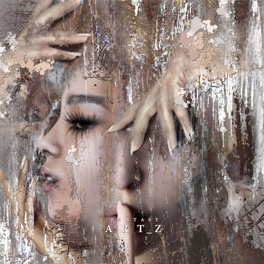 Surreal digital artwork showing a woman's face emerging from a weathered wall with peeling paint and distressed textures