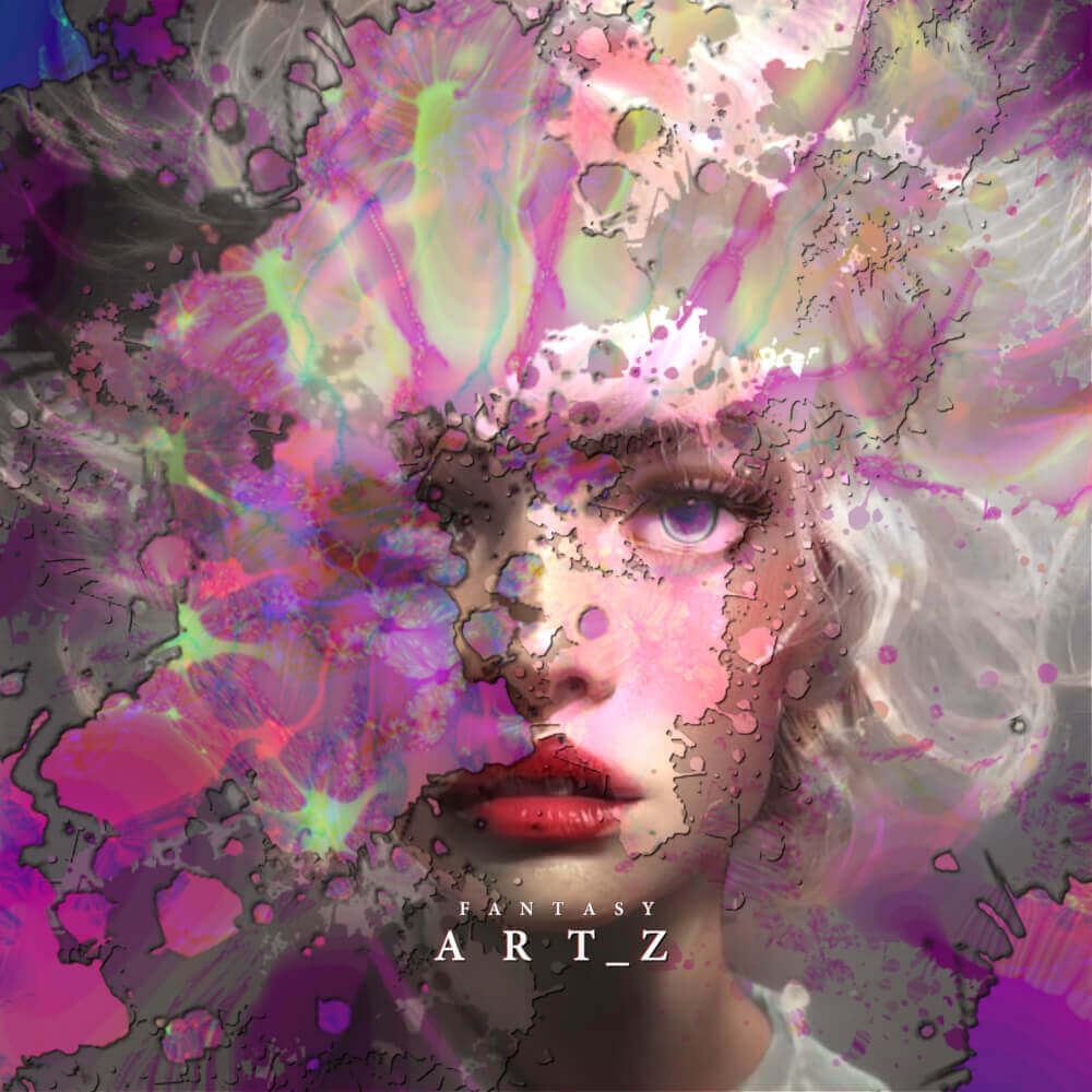 Surreal digital art portrait of a woman with vibrant pink and purple paint splatters over cracked textured background