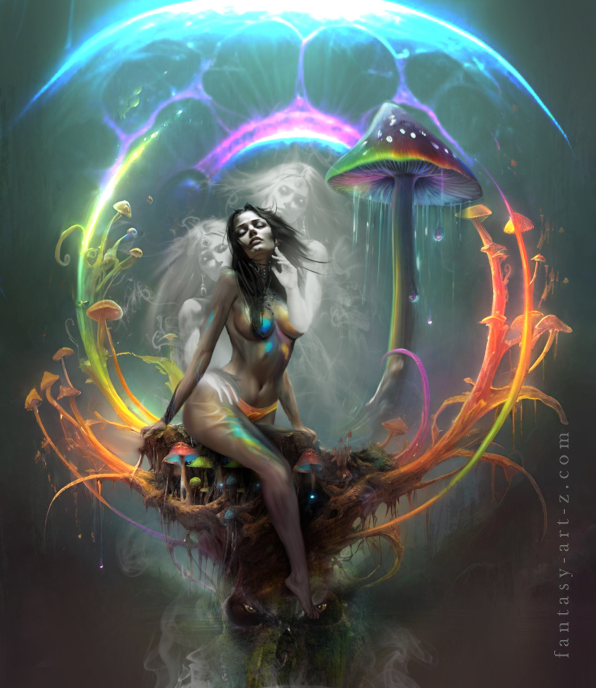 Surreal digital painting of a fantasy goddess sitting on a glowing mushroom nest, surrounded by rainbow energy rings and psychedelic fungi in a mystical cosmic setting
