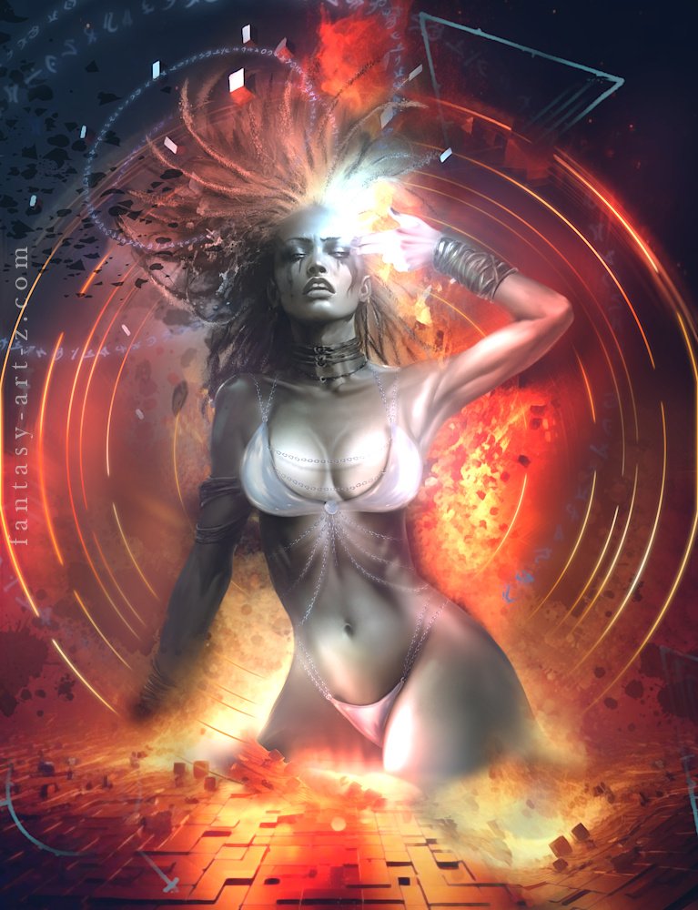 Surreal digital painting of a powerful goddess kneeling in a fiery cosmic explosion with glowing energy and floating fragments