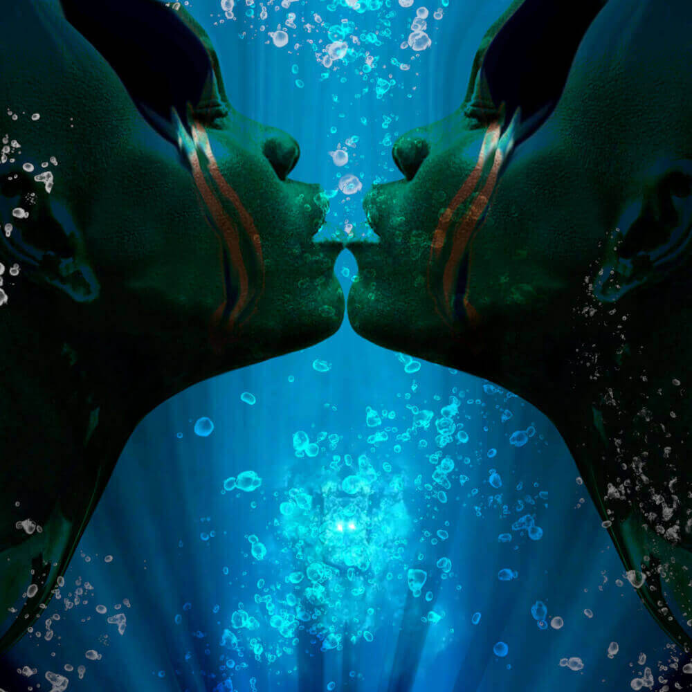 Surreal underwater abstract art with symmetrical figures bubbles blue aquatic dreamscape digital artwork