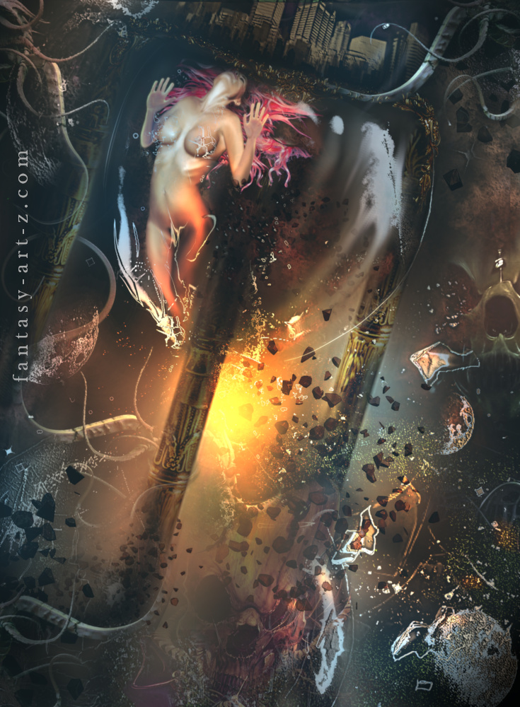 Surreal digital art of a pink haired woman trapped inside a glowing golden hourglass exploding with cosmic energy debris asteroids and floating fragments against a dark cityscape background