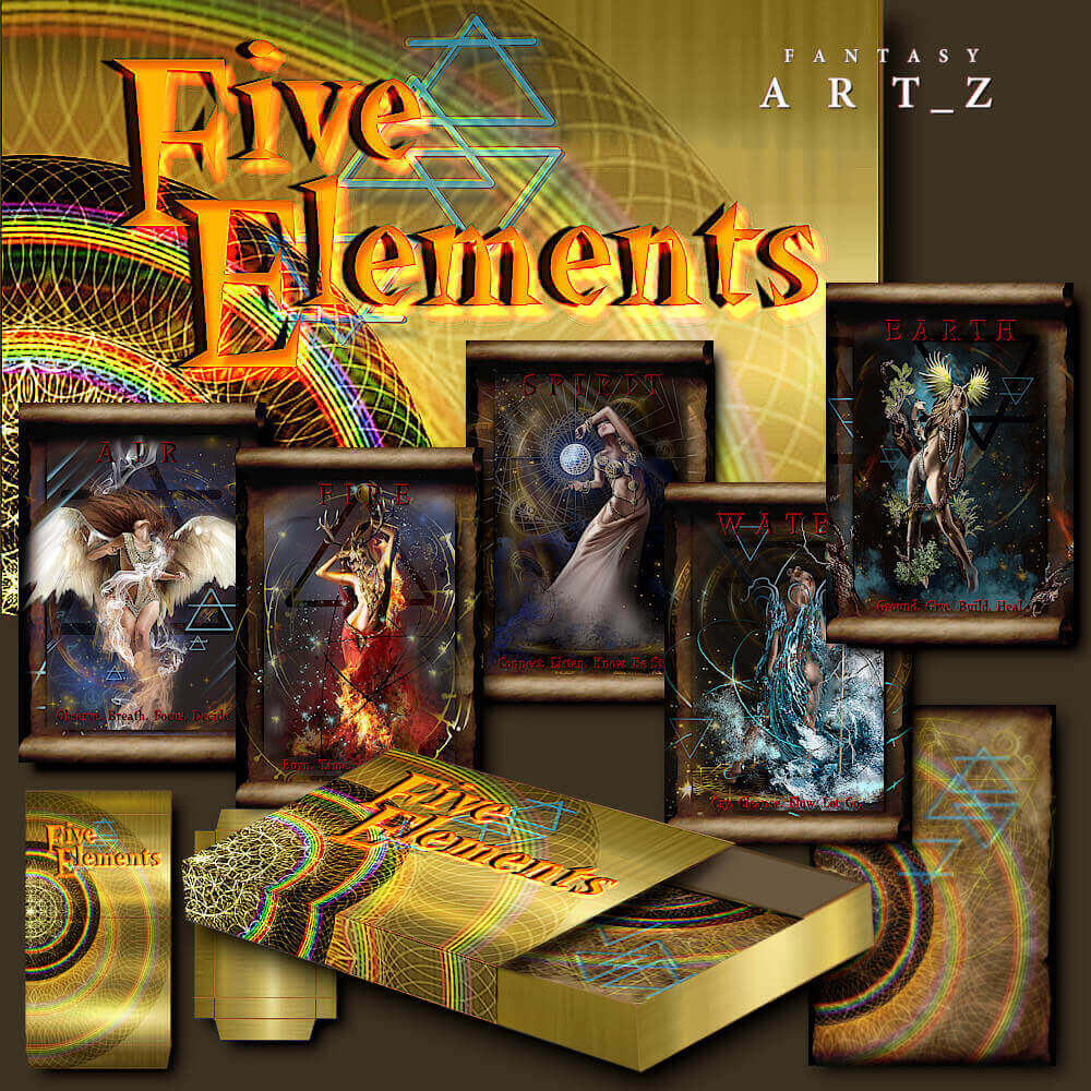 cards with five elemental goddesses, fantasy, nature, art, illustration