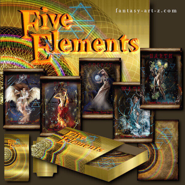 Five Elements goddess card collection display showing all five elemental cards (Air, Fire, Spirit, Earth, Water) with matching golden box design and geometric patterns.