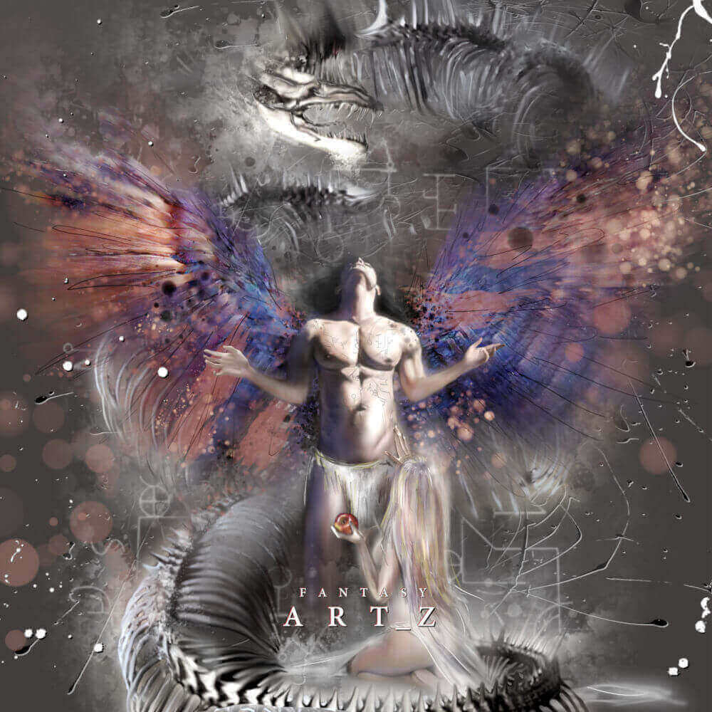 Fantasy digital art illustration featuring winged male angel with colorful wings surrounded by dragon skeletons and mystical energy effects