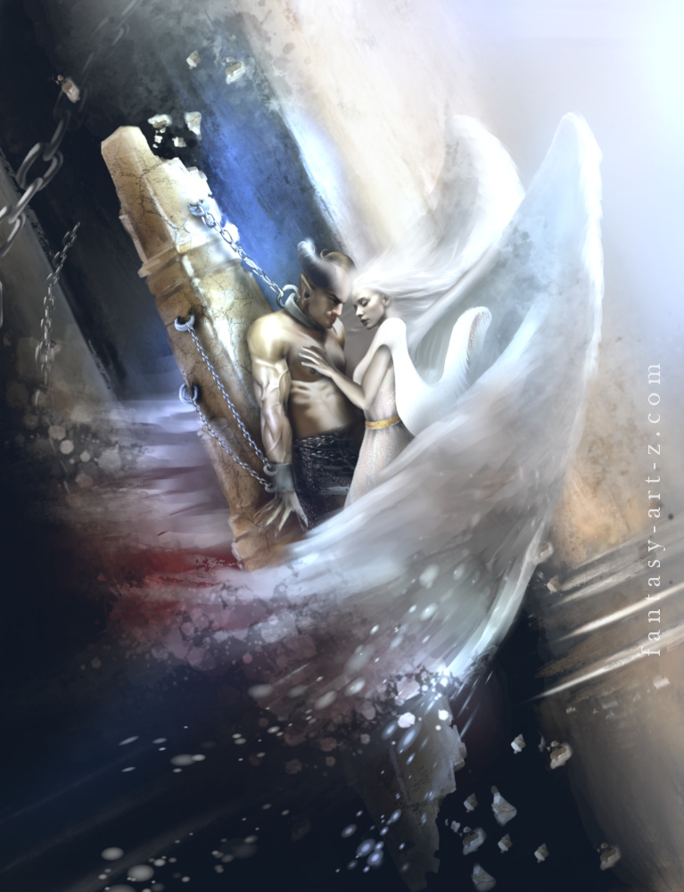 fantasy art of a glowing white-winged angel tenderly embracing a shackled demon chained to a stone pillar in a crumbling dark dungeon, bathed in ethereal heavenly light streaming from above