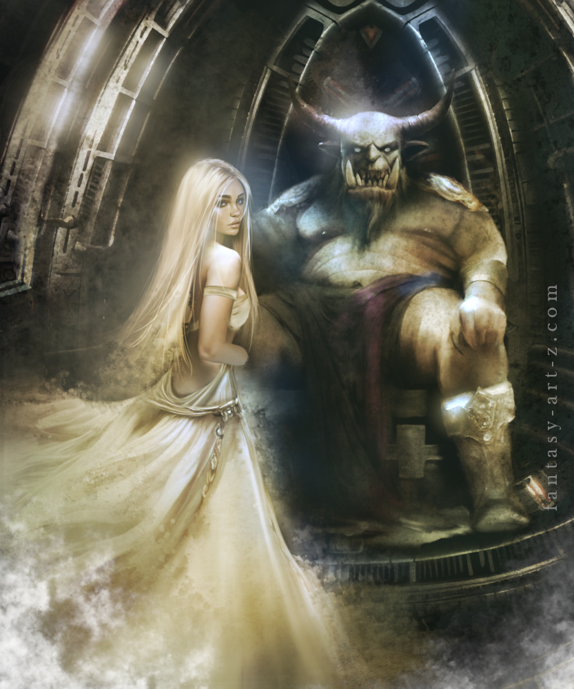 Fantasy digital art of a blonde woman in a white flowing dress standing before a massive horned demon king seated on a throne in a dark stone chamber